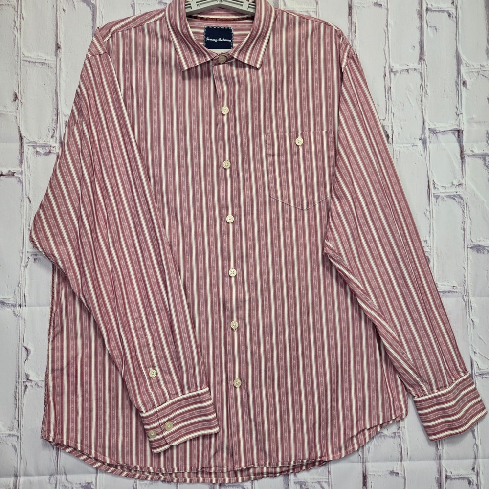 Tommy‎ Bahama Mens Large Red White Striped Cotton Long Sleeve Button Down Shirt